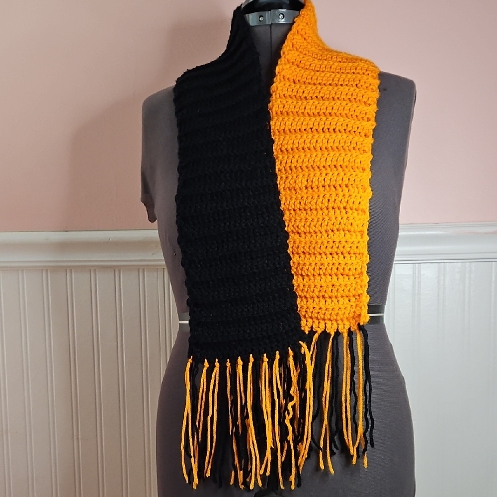 NEW Black and Orange Crochet Scarf with fringe